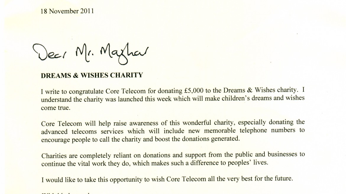 Letter from Stuart Andrew MP to Mahmood Mazhar, Chief Executive of Core Telecom